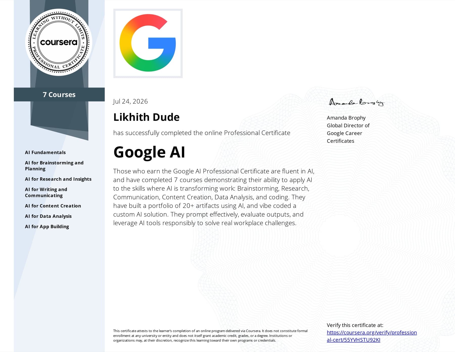 Google AI Professional Certificate certificate issued to Likhith Dude