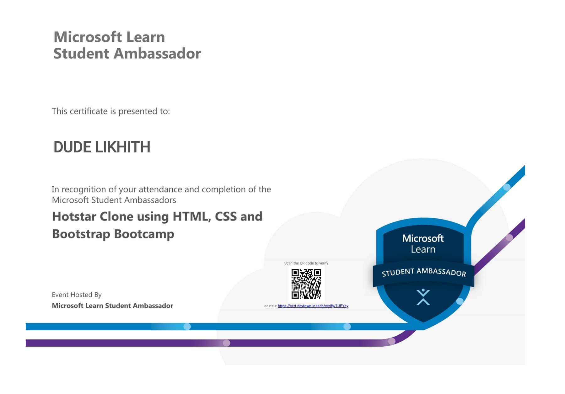 Hotstar Clone using HTML, CSS and Bootstrap — Bootcamp certificate issued to Likhith Dude