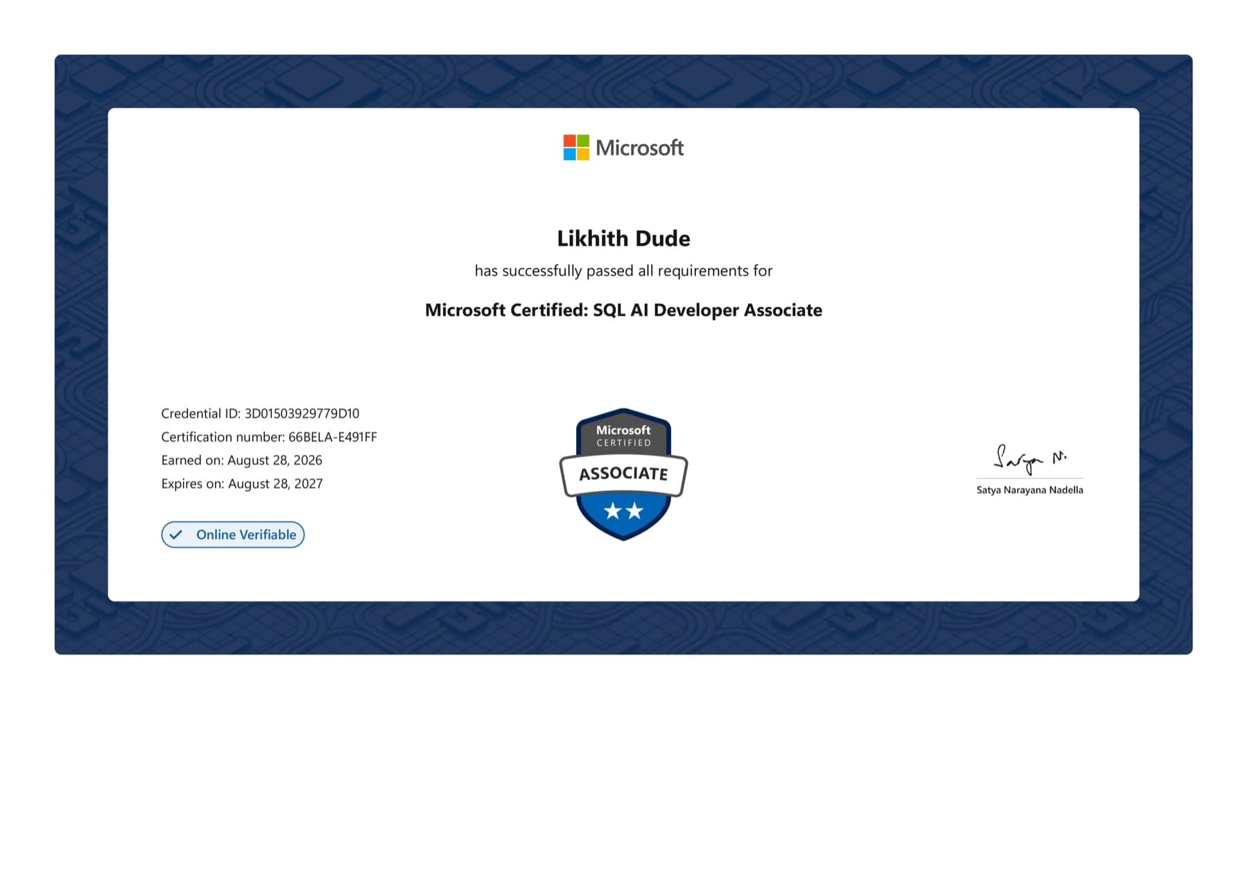 Microsoft Certified: SQL AI Developer Associate certificate issued to Likhith Dude