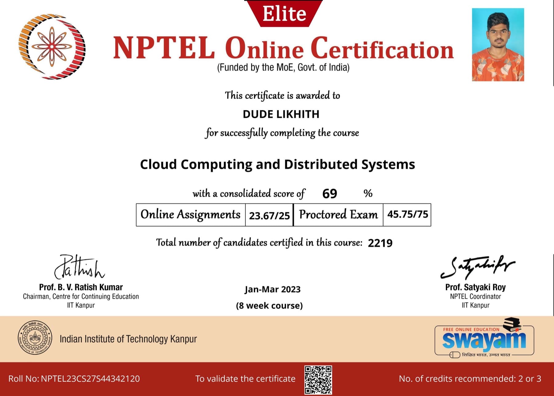 Cloud Computing and Distributed Systems certificate issued to Likhith Dude