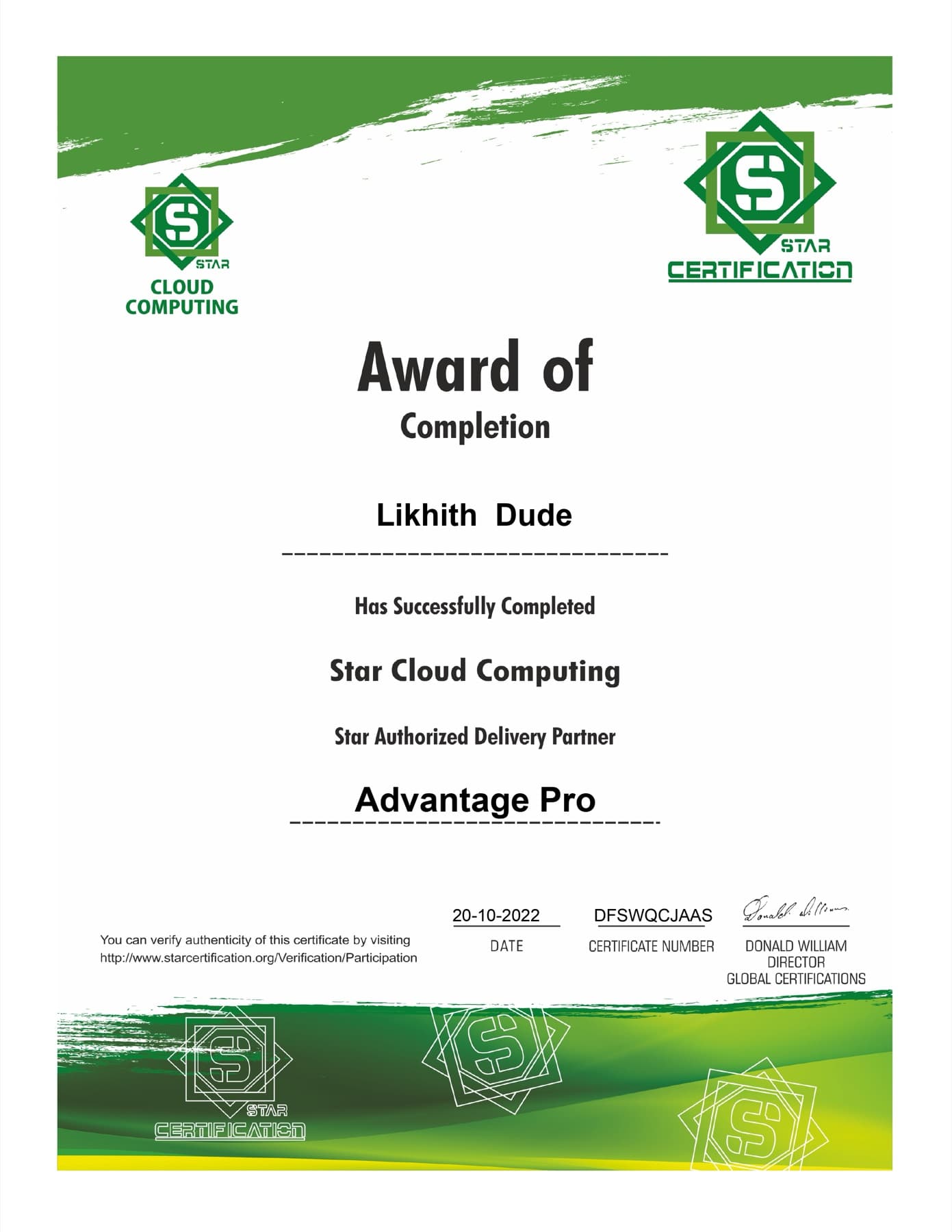Star Cloud Computing — Award of Completion certificate issued to Likhith Dude