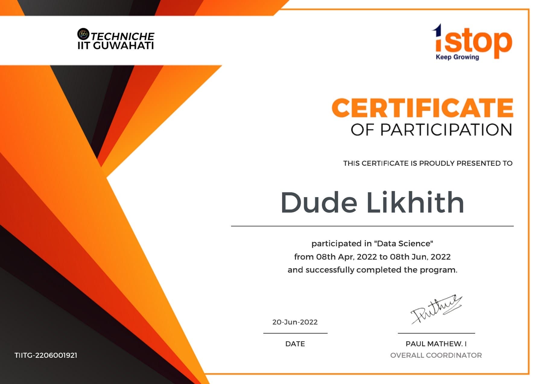 Data Science Program — Certificate of Participation certificate issued to Likhith Dude
